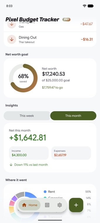 A net worth goal dial and this month's insights in Pixel Budget Tracker